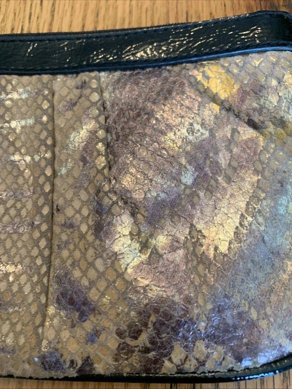Wilson's Leather Zip Bag Pouch Wristlet Snakeskin Beige Black Gold Copper Foil